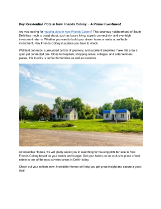 Buy Residential Plots in New Friends Colony – A Prime Investment