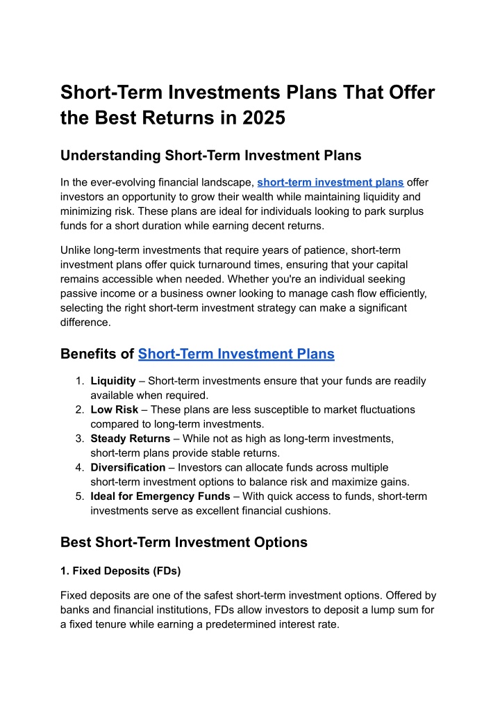 short term investments plans that offer the best