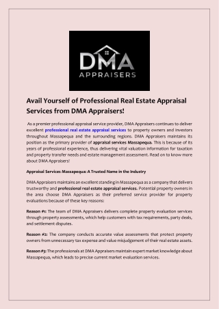 Avail Yourself of Professional Real Estate Appraisal Services from DMA Appraisers!