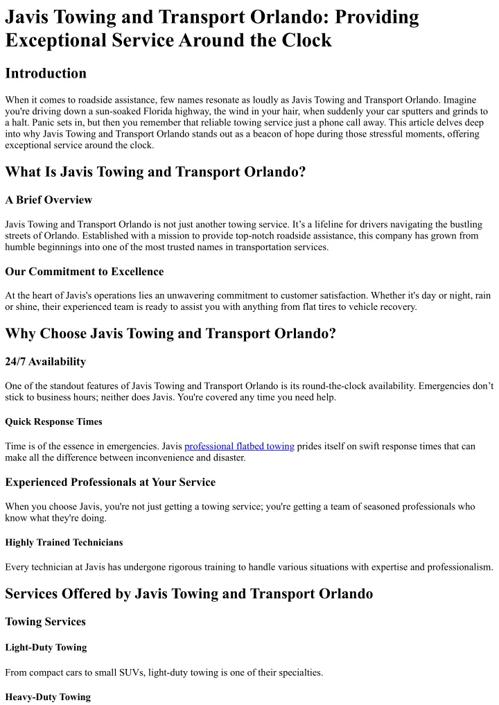 javis towing and transport orlando providing