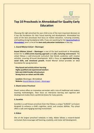 Top 10 Preschools in Ahmedabad for Quality Early Education