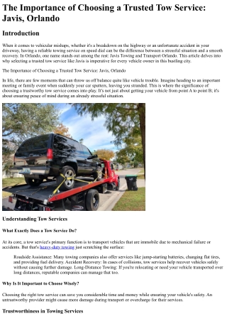 The Importance of Choosing a Trusted Tow Service Javis, Orlando