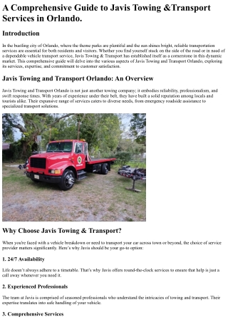 A Comprehensive Guide to Javis Towing &Transport Services in Orlando.