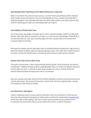 How Stainless Steel Tanks Ensure Pure Water Delivery for a Long Time