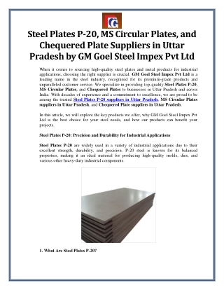 Steel Plates P-20, MS Circular Plates, and Chequered Plate Suppliers in UP