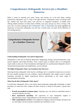 Comprehensive Orthopaedic Services for a Healthier Tomorrow
