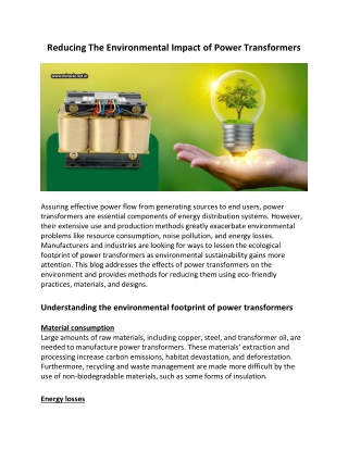 Reducing The Environmental Impact Of Power Transformers