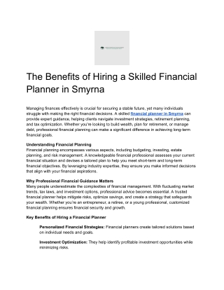 Experienced Financial Planner in Smyrna Offering Personalized Wealth Management