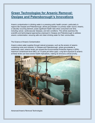 Green Technologies for Arsenic Removal Ossipee and Petersborough’s Innovations