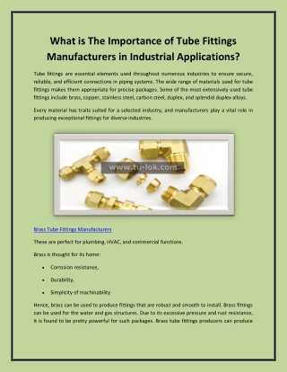 What is The Importance of Tube Fittings Manufacturers in Industrial Applications