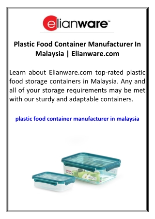 Plastic Food Container Manufacturer In Malaysia  Elianware.com