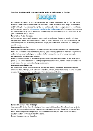 Transform Your Home with Residential Interior Design in Bhubaneswar by Floorkart