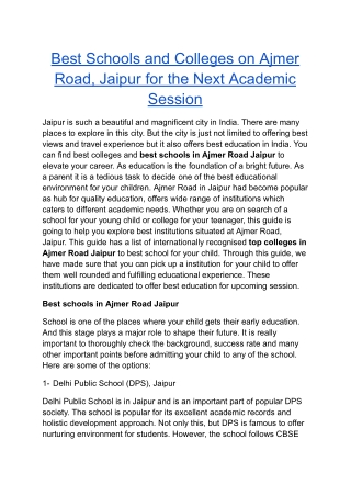 Best Schools and Colleges on Ajmer Road, Jaipur for the Next Academic Session
