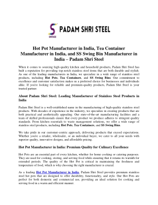 Hot Pot Manufacturer in India, Tea Container Manufacturer in India, and SS Swing Bin Manufacturer in India – Padam Shri