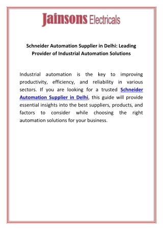 Schneider Automation Supplier in Delhi Leading Provider of Industrial Automation Solutions