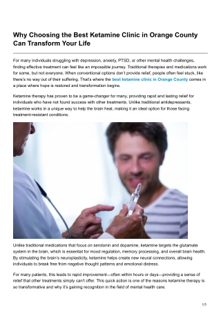 Why Choosing the Best Ketamine Clinic in Orange County Can Transform Your Life