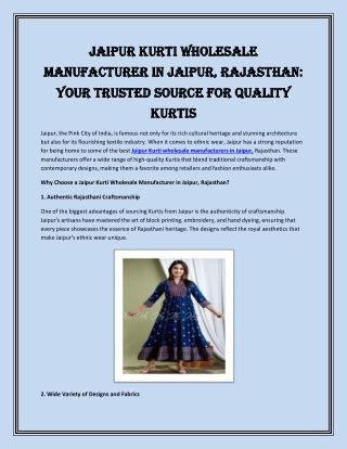 Jaipur Kurti Wholesale Manufacturer in Jaipur, Rajasthan Your Trusted Source for Quality Kurtis