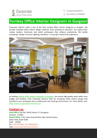 Turnkey Office Interior Designers In Gurgaon