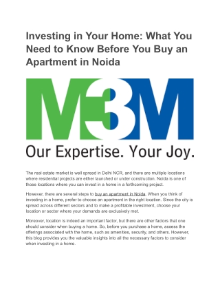 Investing in Your Home: What You Need to Know Before You Buy an Apartment Noida