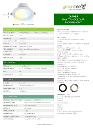 10W LED Downlight Dimmable by Greenhse Technologies