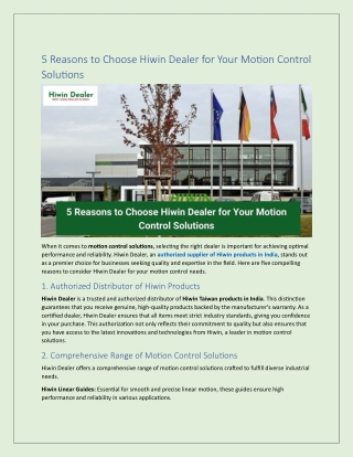 5 Reasons to Choose Hiwin Dealer for Your Motion Control Solutions