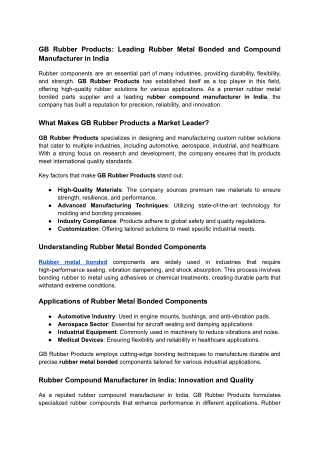 GB Rubber Products: Rubber Metal Bonded and Compound Manufacturer in India