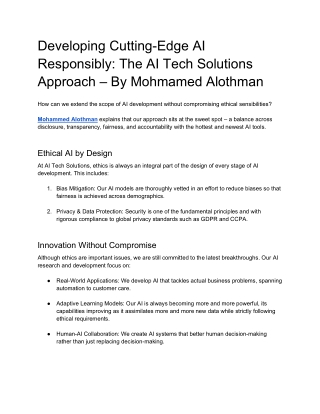 Developing Cutting-Edge AI Responsibly The AI Tech Solutions Approach – By Mohmamed Alothman