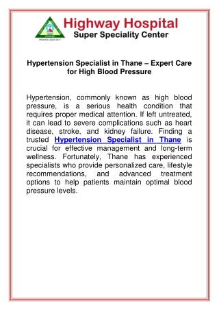 Hypertension Specialist in Thane  Expert Care for High Blood Pressure