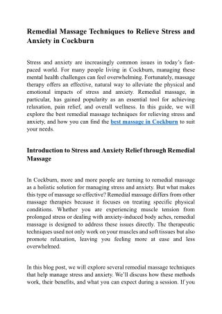 Remedial Massage Techniques to Relieve Stress and Anxiety in Cockburn