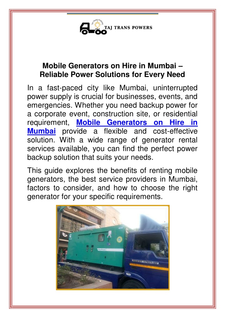 mobile generators on hire in mumbai reliable