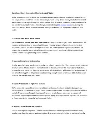 Basic Benefits of Consuming Alkaline Ionized Water