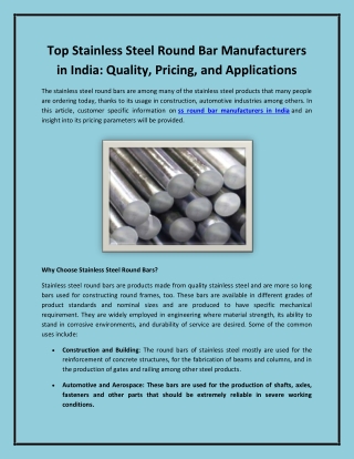 Top Stainless Steel Round Bar Manufacturers in India: Quality, Pricing, and Appl