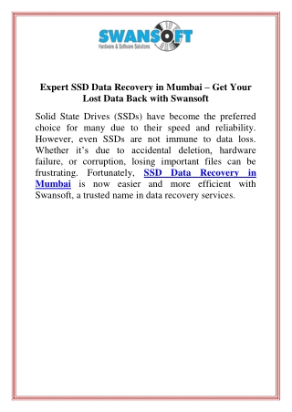 Expert SSD Data Recovery in Mumbai  Get Your Lost Data Back with Swansoft