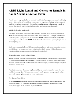 ARRI Light Rental and Generator Rentals in Saudi Arabia at Action Filmz
