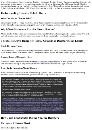 The Role of Javis Dumpster Rental Orlando in Disaster Relief Efforts