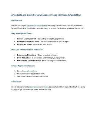 Affordable and Quick Personal Loans in Texas with SpeedyFundsNow