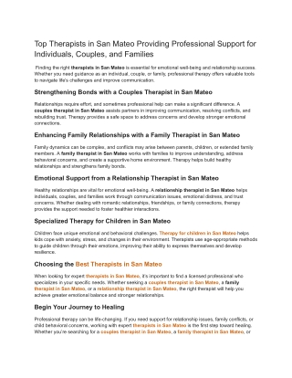 Top Therapists in San Mateo Providing Professional Support for Individuals, Couples, and Families