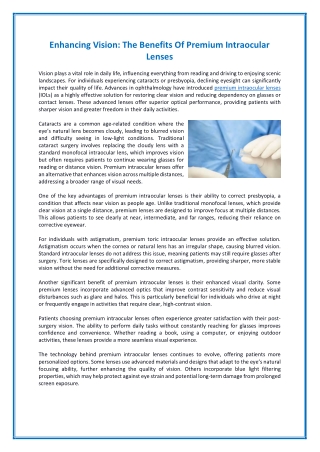 Enhancing Vision - The Benefits Of Premium Intraocular Lenses