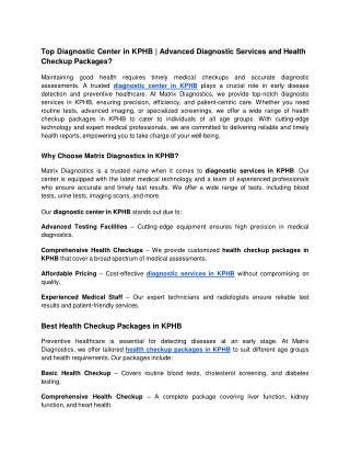 Top Diagnostic Center in KPHB_ Advanced Diagnostic Services and Health Checkup Packages