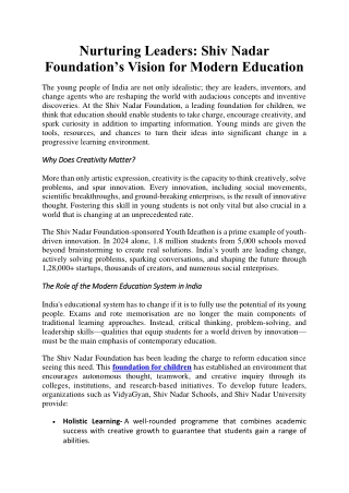 Nurturing Leaders-Shiv Nadar Foundation’s Vision for Modern Education
