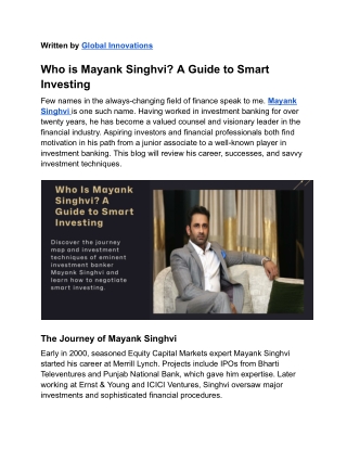 Who Is Mayank Singhvi? A Guide to Smart Investing