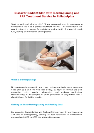 Discover Radiant Skin with Dermaplaning and PRP Treatment Service in Philadelphia