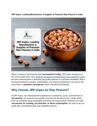 JRP Impex Leading Manufacturer & Supplier of Premium Raw Peanuts in India