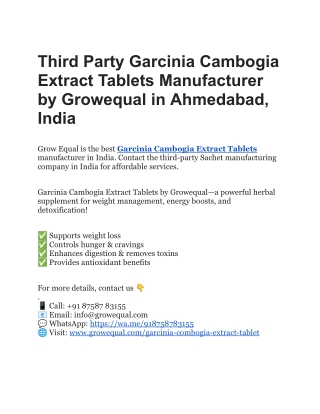 Third Party Garcinia Cambogia Extract Tablets Manufacturer by Growequal in Ahmedabad, India