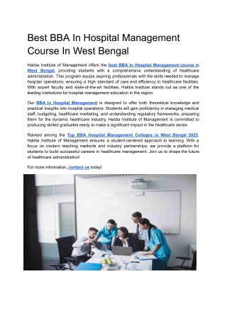 Best BBA In Hospital Management Course In West Bengal