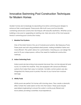 Innovative Swimming Pool construction Techniques for Modern Homes
