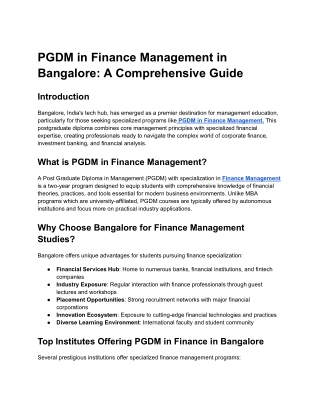 PGDM in Finance Management in Bangalore: A Comprehensive Guide