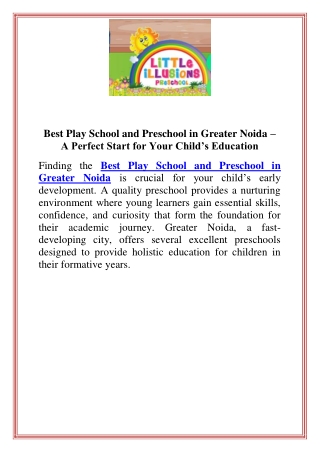 Best Play School and Preschool in Greater Noida A Perfect Start for Your Child’s Education