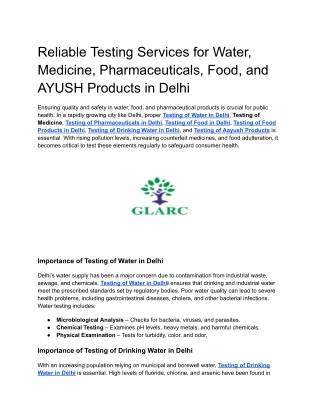 Reliable Testing Services for Water, Medicine, Pharmaceuticals, Food, and AYUSH Products in Delhi