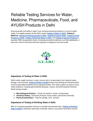 Reliable Testing Services for Water, Medicine, Pharmaceuticals, Food, and AYUSH Products in Delhi